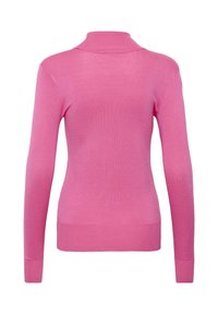 Pull rose ajusté à manches longues et col montant. Fabriqué en matériau lisse, avec des accents côtelés au niveau du col et de l'ourlet.