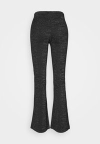 Pantalon noir évasé taille haute en tissu texturé avec des paillettes discrètement brillantes, présenté sur un fond uni.