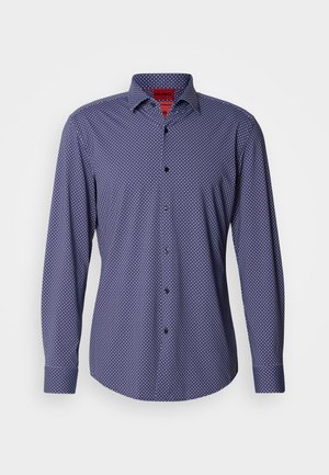 Mørkeblå langærmet skjorte med hvide prikker, knappet krave og sorte knapper. Glat stof med en regular fit design.