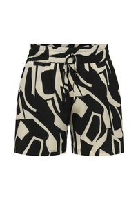 Pantalones cortos con patrón abstracto en negro y beige, con cintura elástica y cordón frontal.