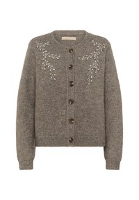 Hnědý vlněný cardigan s kulatým výstřihem, sedmi tmavými knoflíky a dekorativními vyšívanými stříbrnými listy na ramenech. Hladké manžety a lem.