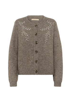 Hnědý vlněný cardigan s kulatým výstřihem, sedmi tmavými knoflíky a dekorativními vyšívanými stříbrnými listy na ramenech. Hladké manžety a lem.