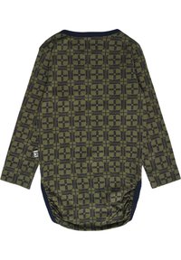 Langharig bodysuit in olijfgroen met een geometrisch zwart patroon, voorzien van een marineblauwe halslijn en drukknoopjes aan de onderkant voor gemakkelijke toegang.