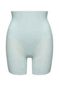 Jasnoniebieskie spodenki kształtujące z wysokim stanem, gładką fakturą i dekoracyjnym przeszyciem. Posiadaj ą wycięcie na dole dla wygody.