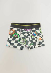 Bokserskie spodenki dziecięce w czarno-białą szachownicę, z kolorowymi rysunkami słońca, tęczy, lwa, pandy oraz napisem "ROAR!".