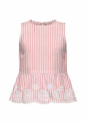 Blusa sin mangas con rayas verticales en rosa y blanco, con bajo estilo peplum que presenta bordado floral blanco y cierre trasero con botones.