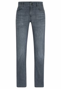 Jeans in denim scuro con design a gamba dritta, tasche anteriori e chiusura con zip. Il tessuto ha una texture liscia con una leggera scoloritura.