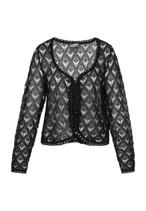 Zwarte kanten cardigan met een gedetailleerd diamanten patroon, lange mouwen en gegolfde randen, voorzien van een V-halslijn en striksluiting.