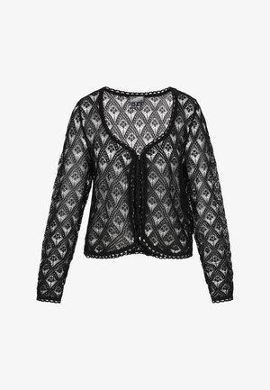 Schwarze Spitzenstrickjacke mit einem detaillierten Diamantmuster, langen Ärmeln und gewellten Kanten, einem V-Ausschnitt und einer Bindeschließe.