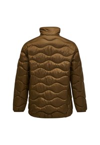 Giubbotto imbottito marrone con colletto alto, caratterizzato da un motivo a rombi ondulato e maniche lunghe. Tessuto liscio e lucido con un design leggero.