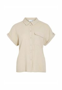 Camicia beige chiara a maniche corte con colletto, taschino sul petto e maniche arrotolate, realizzata in un tessuto testurizzato.