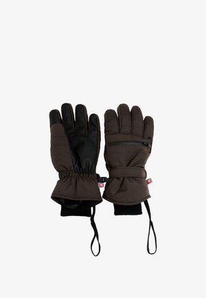 Mănuși de iarnă căptușite, maro, cu palmă din piele neagră, mansete elastice și un buzunar cu fermoar. Se remarcă printr-o curea de prindere pentru o fixare sigură.