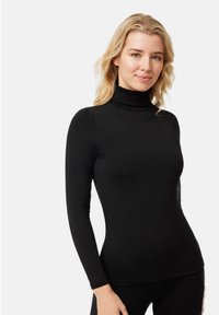 Top negro de manga larga y cuello alto, hecho de tejido elástico, con una silueta ajustada y textura suave. Sin patrones ni acentos visibles.