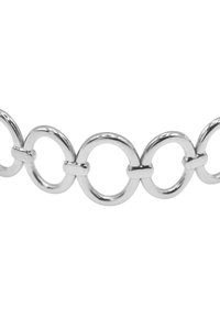 Bracciale in metallo argento con catena caratterizzata da anelli circolari intrecciati, con una finitura lucida e piccoli dettagli di connessione tra i link.