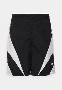 Svarta sportshorts med vita vinklade sidopaneler och Adidas trefoil-logga på nedre vänstra benet, elastisk midja och lätt material.