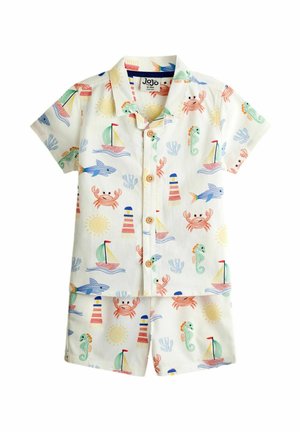 Short-sleeve button-up shirt and shorts with colorful sea-themed print including crabs, seahorses, sailboats, lighthouses, fish, and sun illustrations.