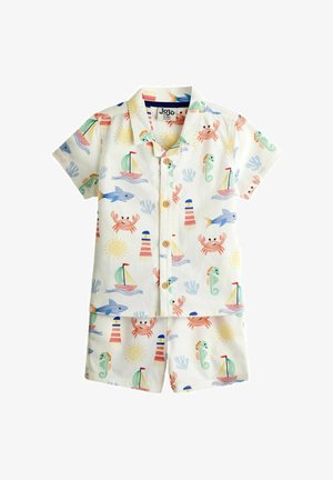 Short-sleeve button-up shirt and shorts with colorful sea-themed print including crabs, seahorses, sailboats, lighthouses, fish, and sun illustrations.