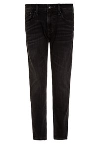 CZARNE DŻINSY W KROJU PROSTYM, Z PIĘCIOMA KIESZENIAMI, PĘTLAMI NA PAS I KONTRASTOWYM STĘŻEWIENIEM DLA DODATKOWEGO DETALU.