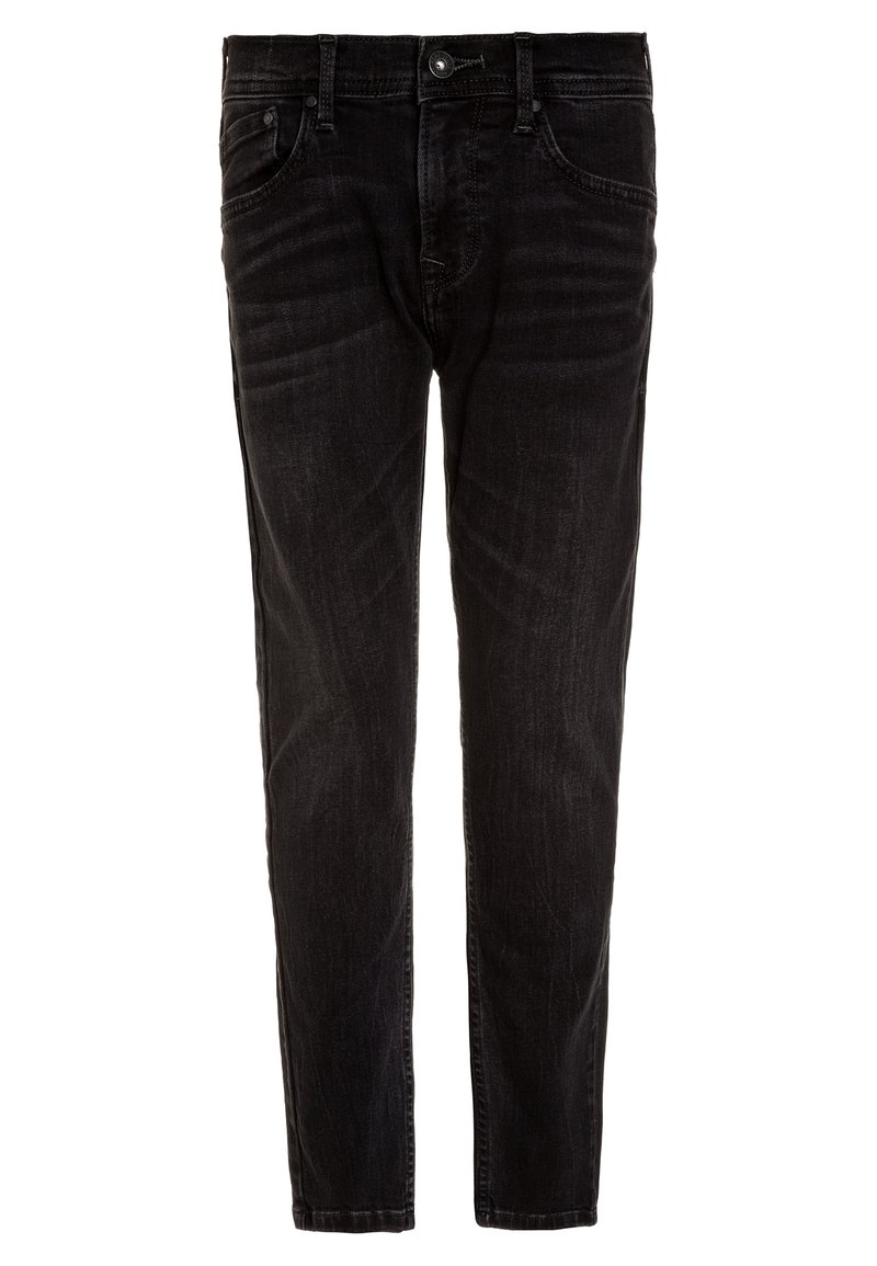 CZARNE DŻINSY W KROJU PROSTYM, Z PIĘCIOMA KIESZENIAMI, PĘTLAMI NA PAS I KONTRASTOWYM STĘŻEWIENIEM DLA DODATKOWEGO DETALU.