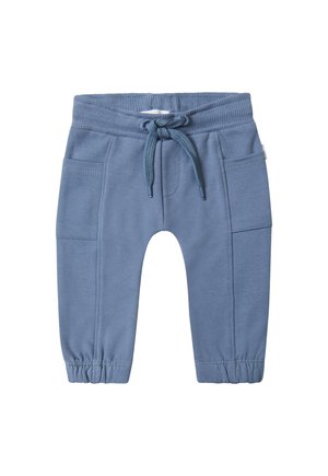 Blauwe joggingbroek van zacht stof, met een elastische tailleband met trekkoord, zijzakken en gathered manchetten bij de enkels.