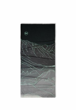 Black and gray neck gaiter with light blue line art of mountain landscape and small round Buff logo near top left corner.