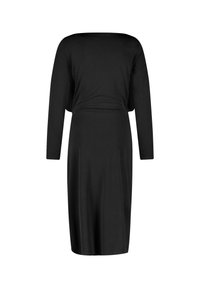 Zwarte jurk met lange mouwen, een bootnek, een aansluitende lijfje en een rechte rok. Voorzien van een zachte, rekbare stof voor comfort.