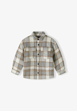 Plaid shirt jacket in gray, white, and brown; features button closure, two chest pockets, and a collared neckline; made of textured fabric.