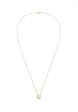 Collier délicat en chaîne dorée avec un petit pendentif en fer à cheval orné de petites pierres étincelantes.