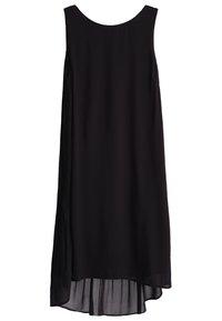 Černé bezramenné šaty vyrobené z lehkého, splývavého materiálu. Mají kulatý výstřih a jemně se rozšiřující siluetu s bočními sklady.