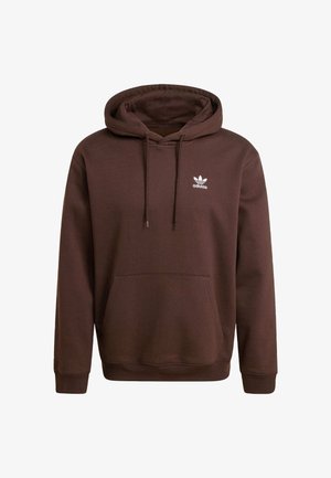 Brown hoodie made of soft fabric with a front pocket, drawstring hood, and white Adidas logo on the chest. Ribbed cuffs and hem.