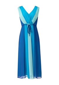 Robe maxi bleue sans manches avec col en V, corsage portefeuille, design en blocs de couleur dans des tons de bleu, et ceinture à cordon à la taille.
