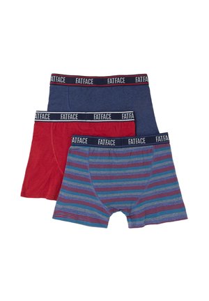 Tre par herre boxershorts i blå, rød og blå med flerfarvede striber, hver med en sort linning mærket FATFACE.
