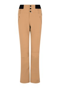 Beige skibroek met een gladde textuur, ritszakken, een zwarte tailleband en drie zwarte knopen bovenaan voor sluiting.