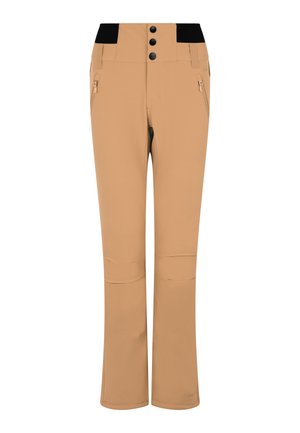 Beige Skihosen mit glatter Textur, Reißverschlusstaschen, einem schwarzen Taillenbund und drei schwarzen Knöpfen oben zum Schließen.
