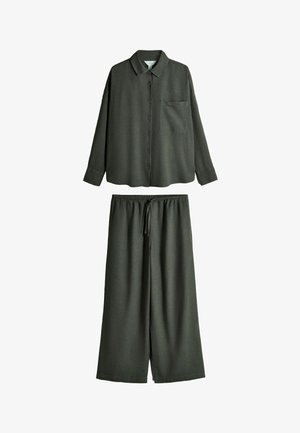 Dark green long-sleeve button-up shirt with chest pocket paired with matching wide-leg pants featuring an elastic waistband and drawstring.