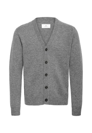 Cardigan grigio a maglia con scollo a V, maniche lunghe e cinque bottoni neri sul davanti.