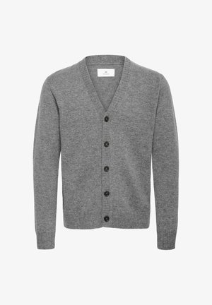 Cardigan grigio a maglia con scollo a V, maniche lunghe e cinque bottoni neri sul davanti.