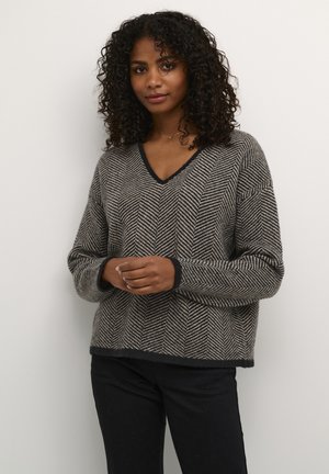 Maglione a V con motivo a spina di pesce in diverse tonalità di grigio, con rifiniture nere sul collo e sui polsini, realizzato in un morbido tessuto a maglia.