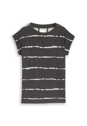 T-shirt gris foncé à manches courtes avec des rayures horizontales blanches tie-dye et un col rond.