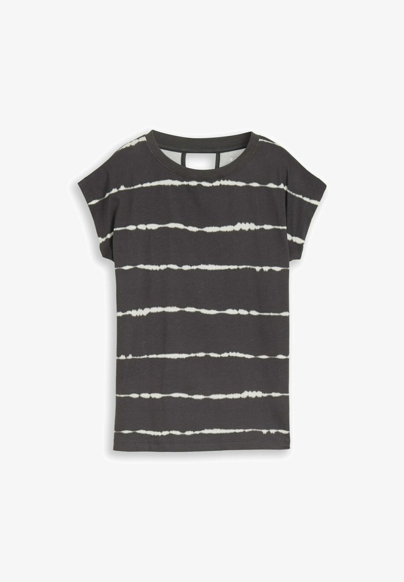 T-shirt gris foncé à manches courtes avec des rayures horizontales blanches tie-dye et un col rond.