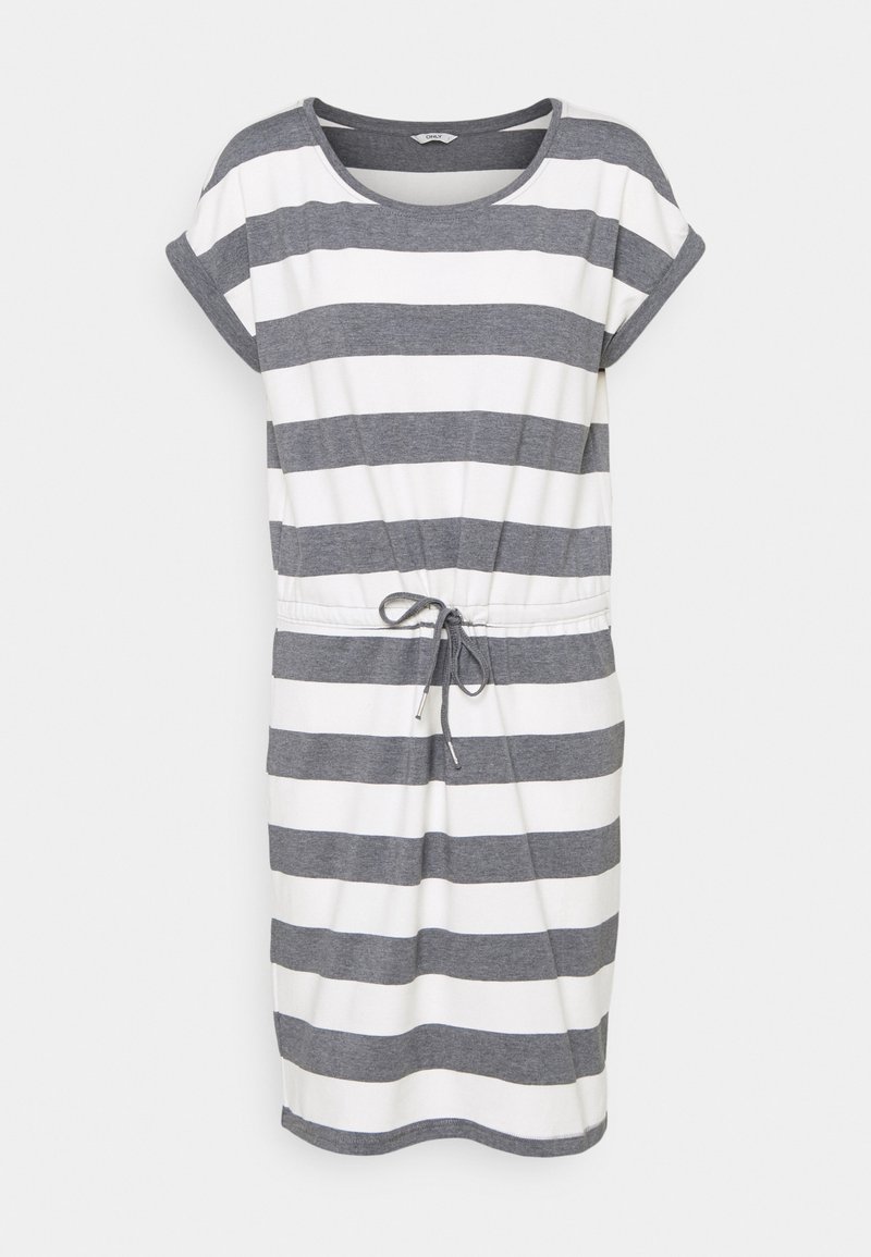 Robe à manches courtes avec des rayures horizontales grises et blanches et une taille à cordon sur un fond clair.