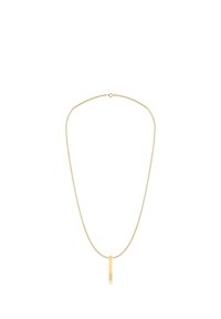 Kullatooni kaelakee, millel on ahelakujuline disain ja ristkülikukujuline ripats, mille allosas on väike läbipaistev vääriskivi.