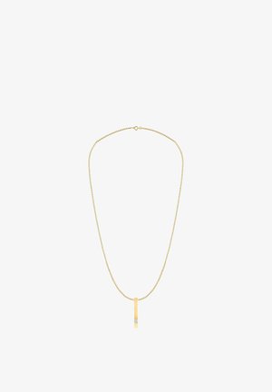 Kullatooni kaelakee, millel on ahelakujuline disain ja ristkülikukujuline ripats, mille allosas on väike läbipaistev vääriskivi.