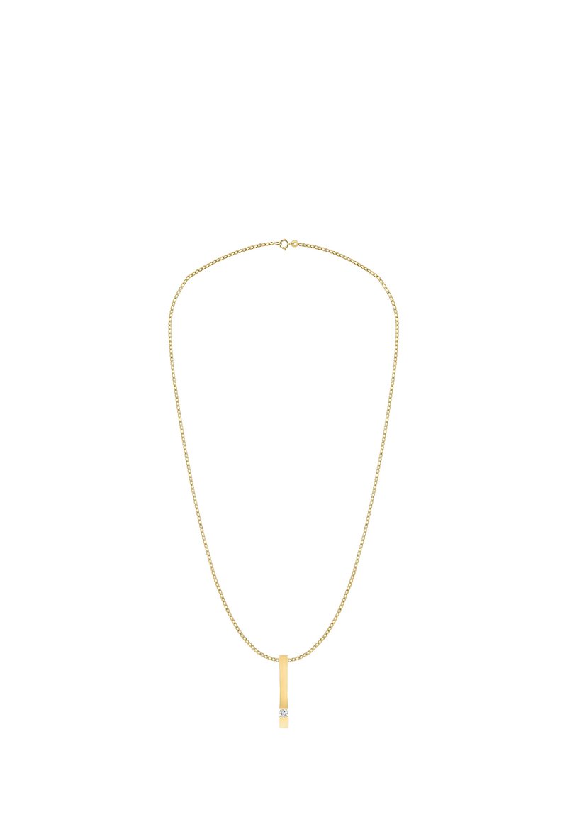 Kullatooni kaelakee, millel on ahelakujuline disain ja ristkülikukujuline ripats, mille allosas on väike läbipaistev vääriskivi.