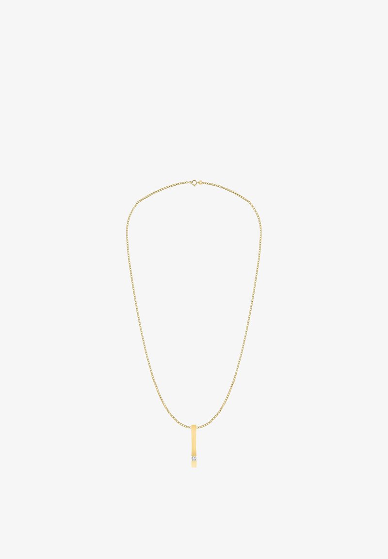 Kullatooni kaelakee, millel on ahelakujuline disain ja ristkülikukujuline ripats, mille allosas on väike läbipaistev vääriskivi.