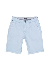 Lichtblauwe katoenen shorts met een gladde textuur, voorzakken, een knoopsluiting en een gestreepte binnenband.