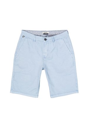 Light blue cotton shorts with a smooth texture, front pockets, a button closure, and a patterned interior waistband.