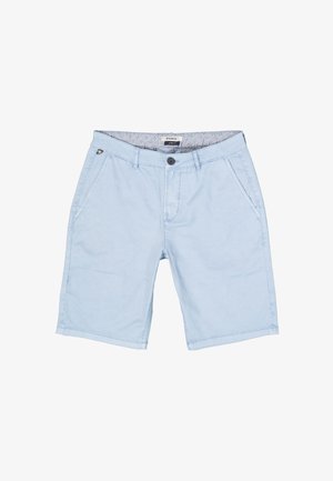 Lichtblauwe katoenen shorts met een gladde textuur, voorzakken, een knoopsluiting en een gestreepte binnenband.