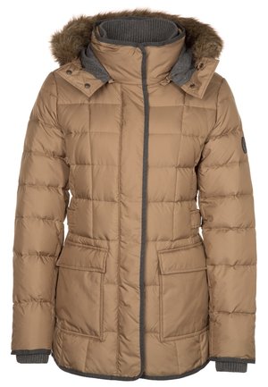 Lichtbruine gewatteerde winterjas met capuchon met bontvoering, grijze voering, ritssluiting aan de voorkant, twee klepzakken en geribbelde boorden.