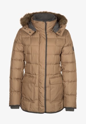 Jasnobrązowa pikowana kurtka zimowa z kapturem obszytym futrem, szara podszewka, zamek z przodu, dwie kieszenie z patkami i ściągacze przy rękawach.